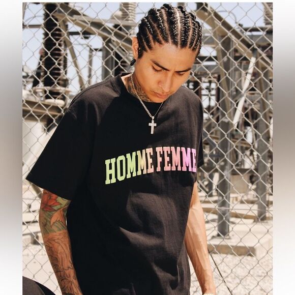 HOMME FEMME Homme+Femme Rainbow Black Short Sleeve Crew neck T-Shirt - Picture 1 of 12